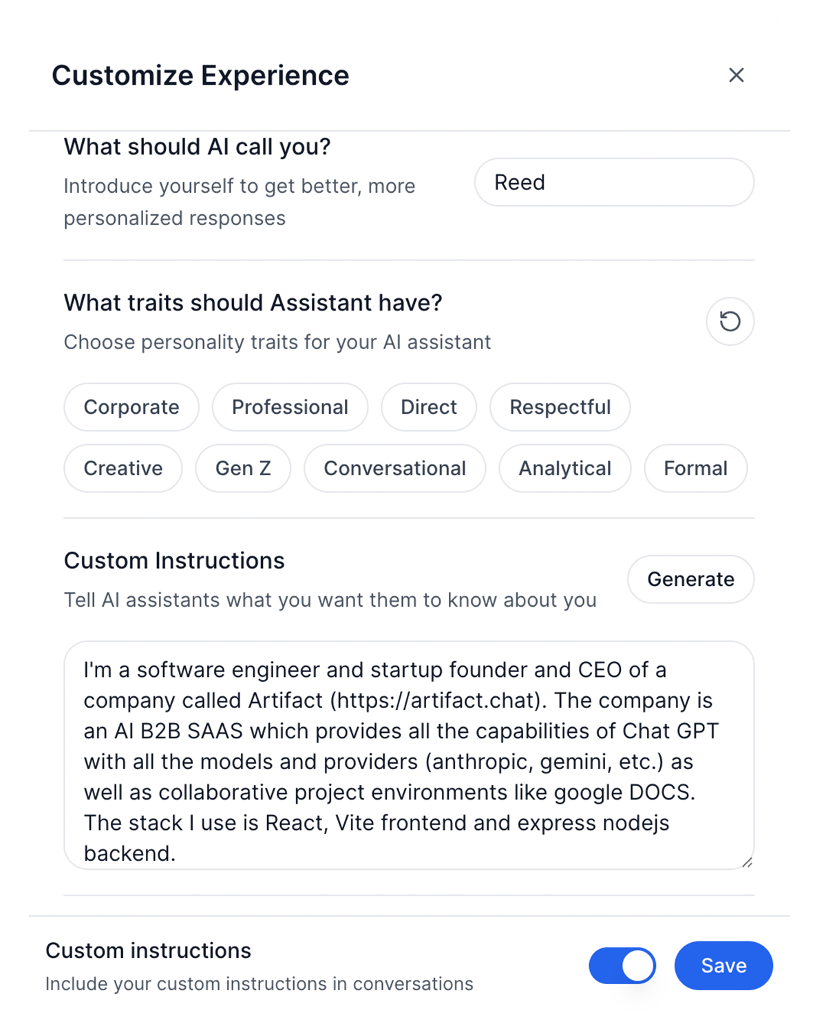 ZeroTwo AI | AI agent platform | ZeroTwo custom instructions interface showing how to set up personalized preferences