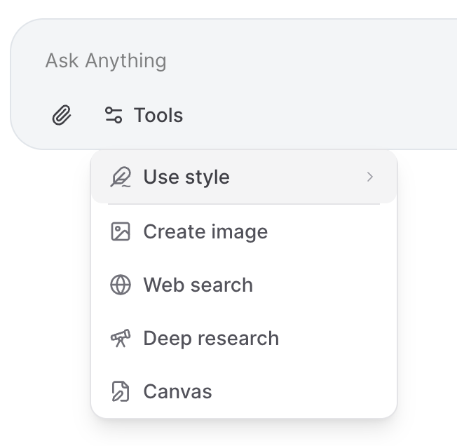 ZeroTwo AI | AI agent platform | Access writing styles through the style selector in ZeroTwo's chat interface
