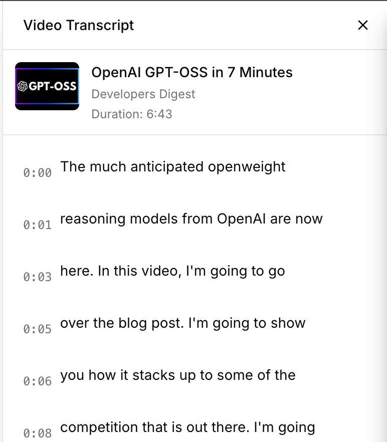 ZeroTwo AI | AI agent platform | The transcript sidebar displays organized, timestamped transcript segments with copy functionality and video details