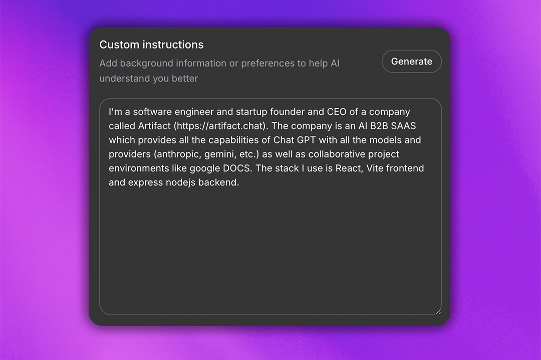 ZeroTwo AI | AI agent platform | ZeroTwo custom instructions interface showing personalization options