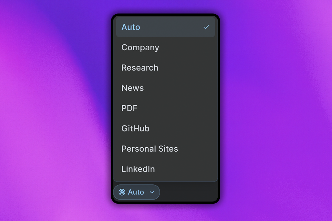 ZeroTwo AI | AI agent platform | ZeroTwo search focus options menu showing Auto, Company, Research, News, PDF, GitHub, Personal Sites, and LinkedIn options