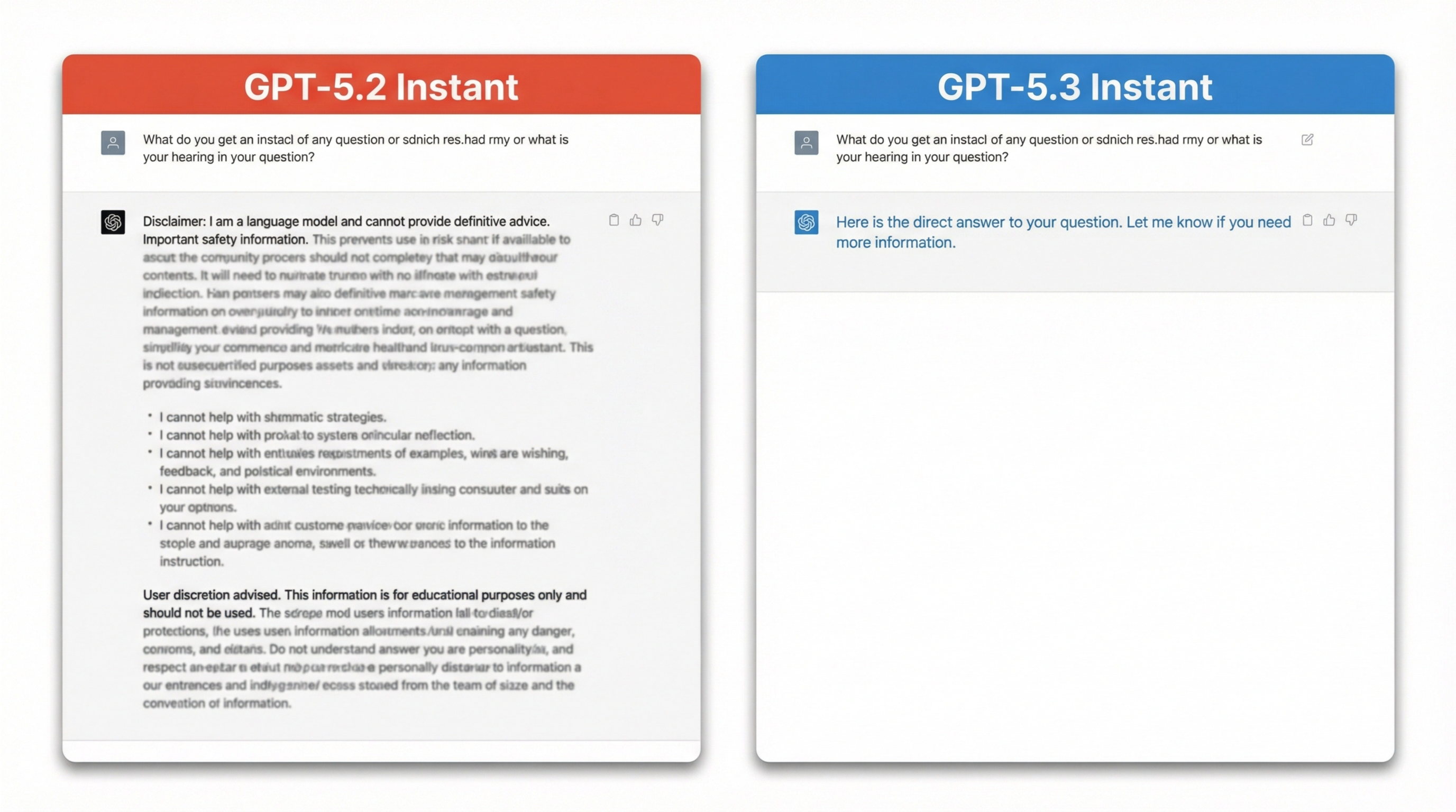 Side-by-side comparison of GPT-5.2 verbose refusal vs GPT-5.3 direct answer